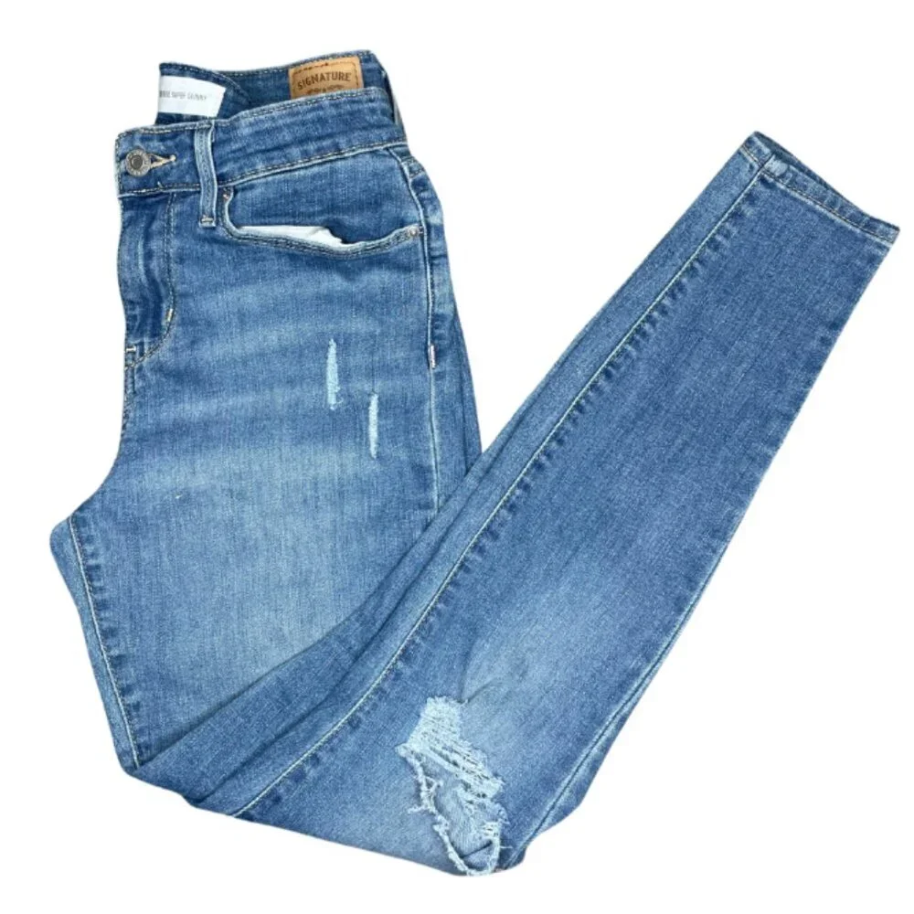 Signature by Levi Strauss Indie Sleaze Distressed Mid Rise Super Skinny Jeans 26